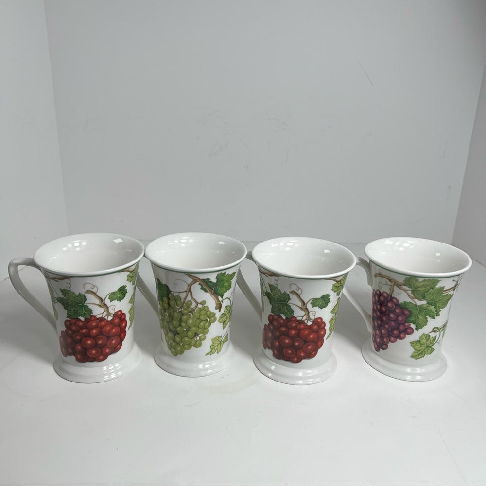 American Atelier Vineyard Set of 4 Purple Red Green Grapes Porcelain Mugs Cups